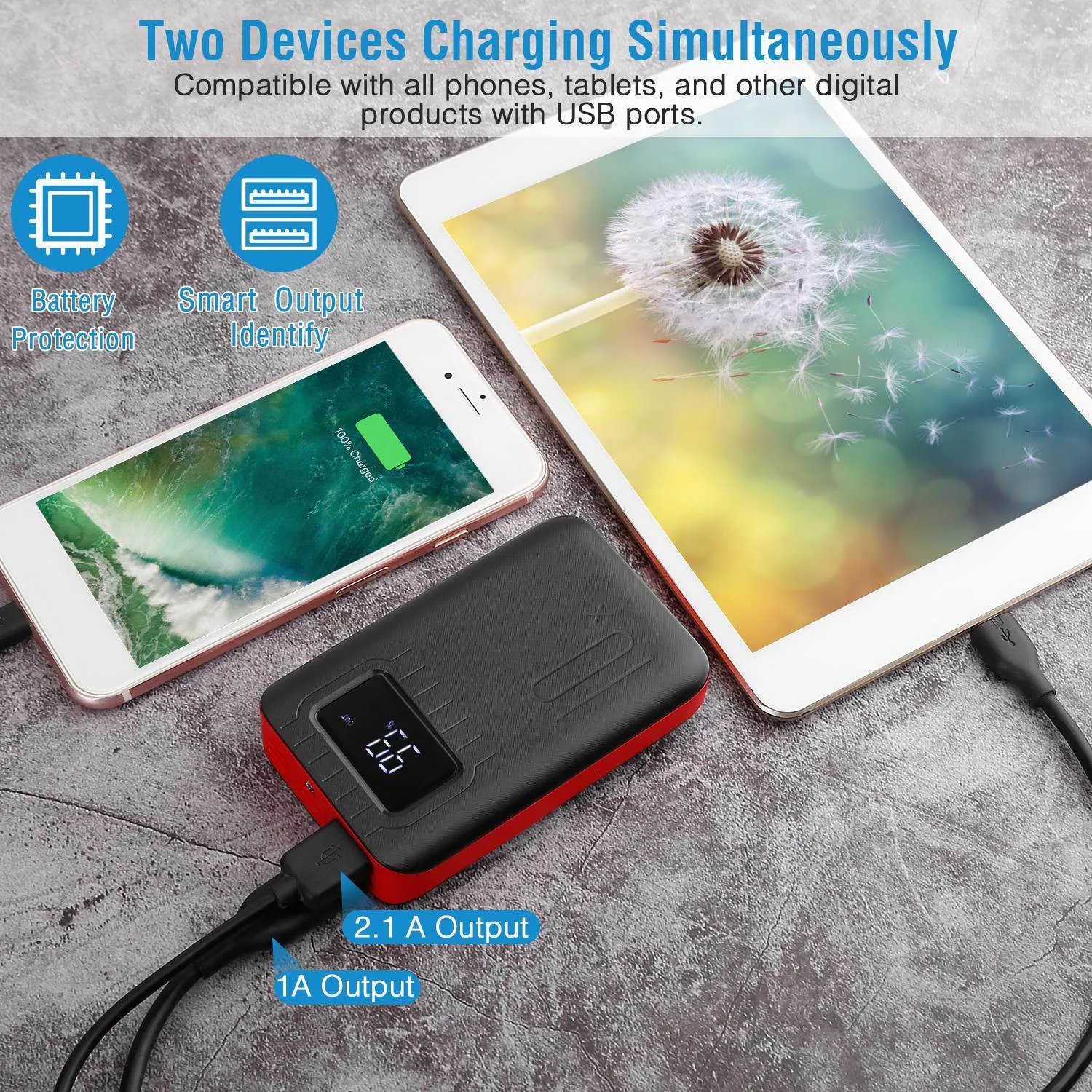 10,000mAh Portable Power Bank - Dual USB Ports, LCD Display, Flashlight