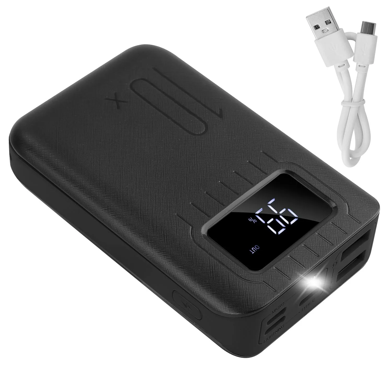 10,000mAh Portable Power Bank - Dual USB Ports, LCD Display, Flashlight