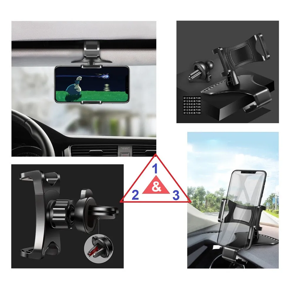 3 in 1 Car GPS Smartphone Holder: Dashboard / Visor Clamp   AC Grid Clip for Asus ZenFone AR LTE-A NA ZS571KL - Black