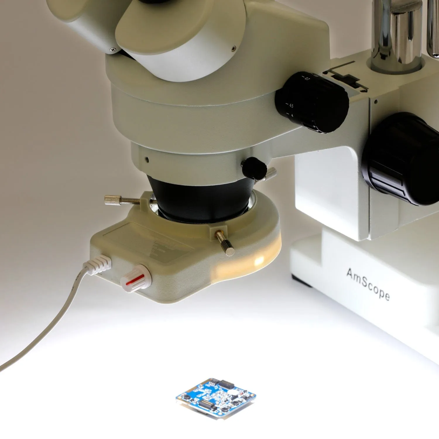 AmScope SM-4 Series Circuit Zoom Trinocular Stereo Microscope 3.5X-90X Magnification on Double Arm Boom Stand with 70-LED Ring Light