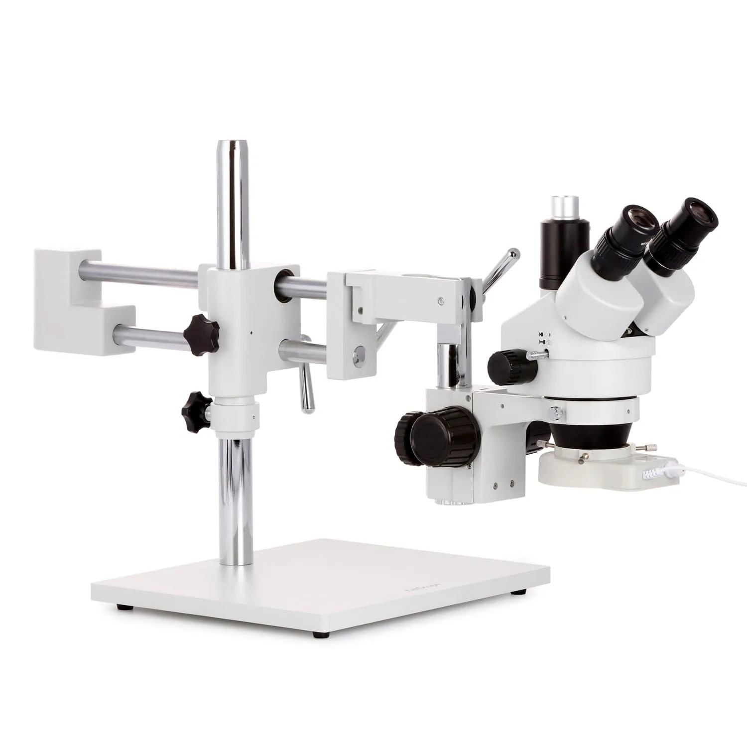 AmScope SM-4 Series Circuit Zoom Trinocular Stereo Microscope 3.5X-90X Magnification on Double Arm Boom Stand with 70-LED Ring Light