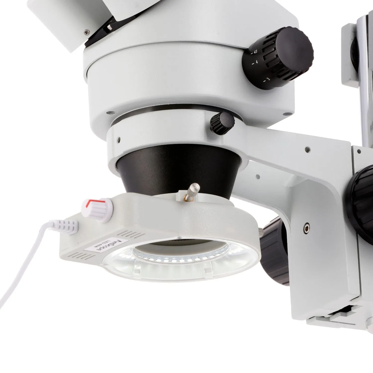 AmScope SM-4 Series Circuit Zoom Trinocular Stereo Microscope 3.5X-90X Magnification on Double Arm Boom Stand with 70-LED Ring Light