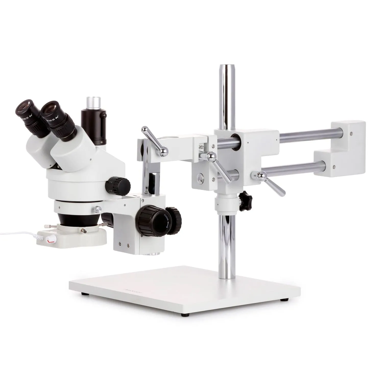 AmScope SM-4 Series Circuit Zoom Trinocular Stereo Microscope 3.5X-90X Magnification on Double Arm Boom Stand with 70-LED Ring Light