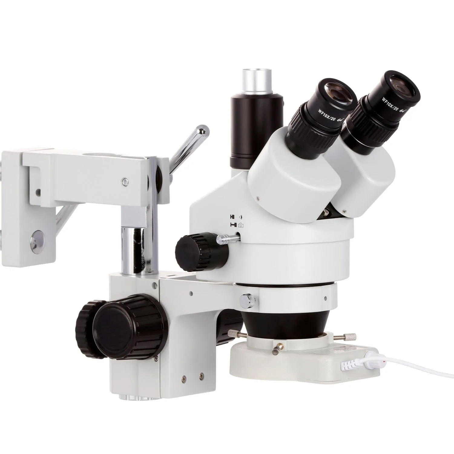AmScope SM-4 Series Circuit Zoom Trinocular Stereo Microscope 3.5X-90X Magnification on Double Arm Boom Stand with 70-LED Ring Light
