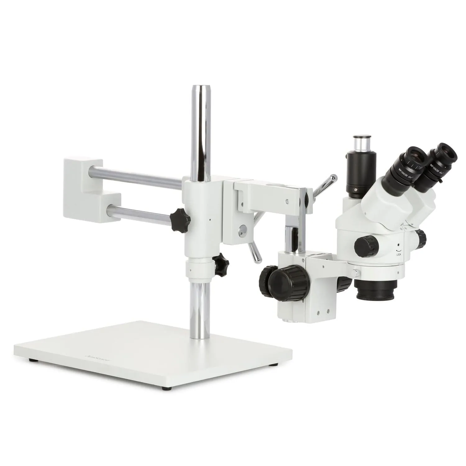 AmScope SM-4 Series Simul-Focal Lockable Zoom Trinocular Stereo Microscope with Heavy Duty 80 LED Ring Light and Optional Digital Camera on Double Arm Boom Stand
