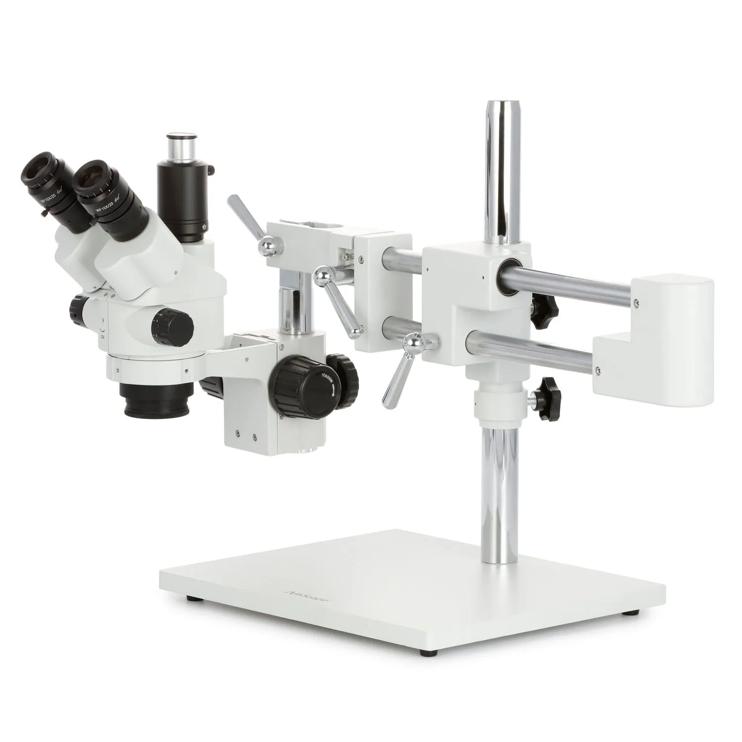 AmScope SM-4 Series Simul-Focal Lockable Zoom Trinocular Stereo Microscope with Heavy Duty 80 LED Ring Light and Optional Digital Camera on Double Arm Boom Stand