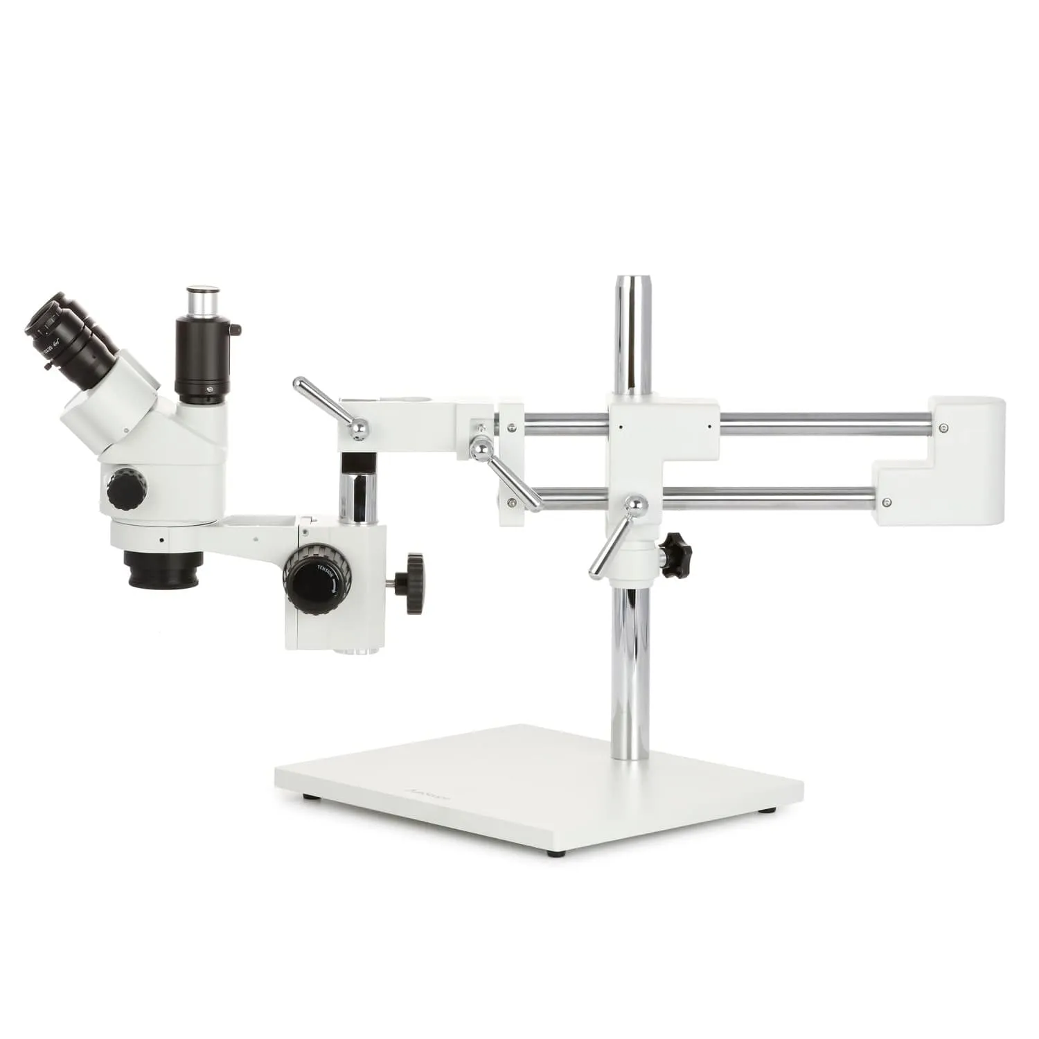 AmScope SM-4 Series Simul-Focal Lockable Zoom Trinocular Stereo Microscope with Heavy Duty 80 LED Ring Light and Optional Digital Camera on Double Arm Boom Stand