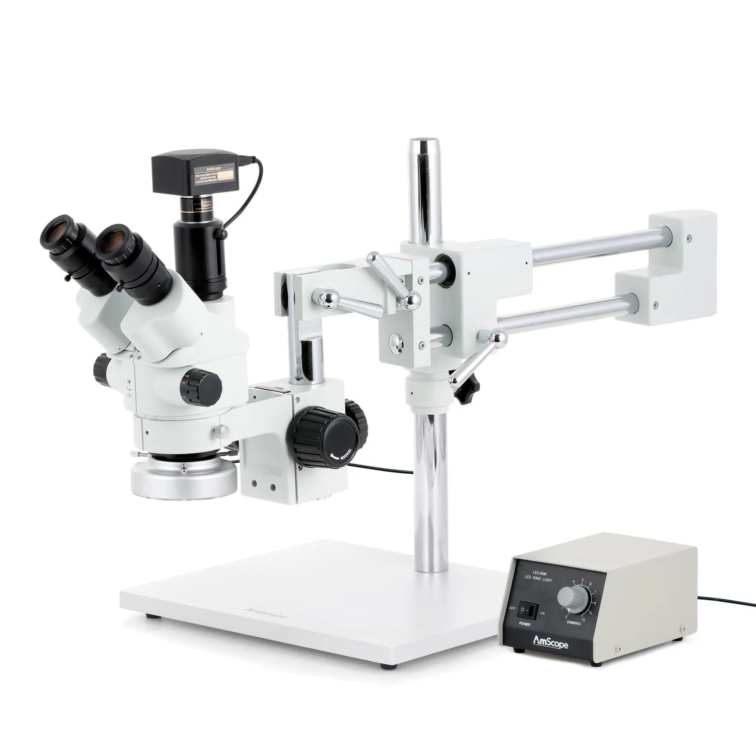 AmScope SM-4 Series Simul-Focal Lockable Zoom Trinocular Stereo Microscope with Heavy Duty 80 LED Ring Light and Optional Digital Camera on Double Arm Boom Stand