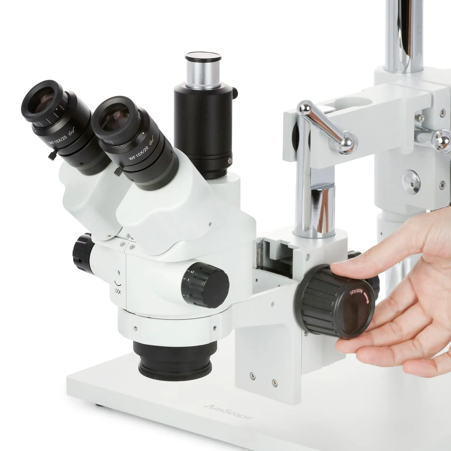 AmScope SM-4 Series Simul-Focal Lockable Zoom Trinocular Stereo Microscope with Heavy Duty 80 LED Ring Light and Optional Digital Camera on Double Arm Boom Stand