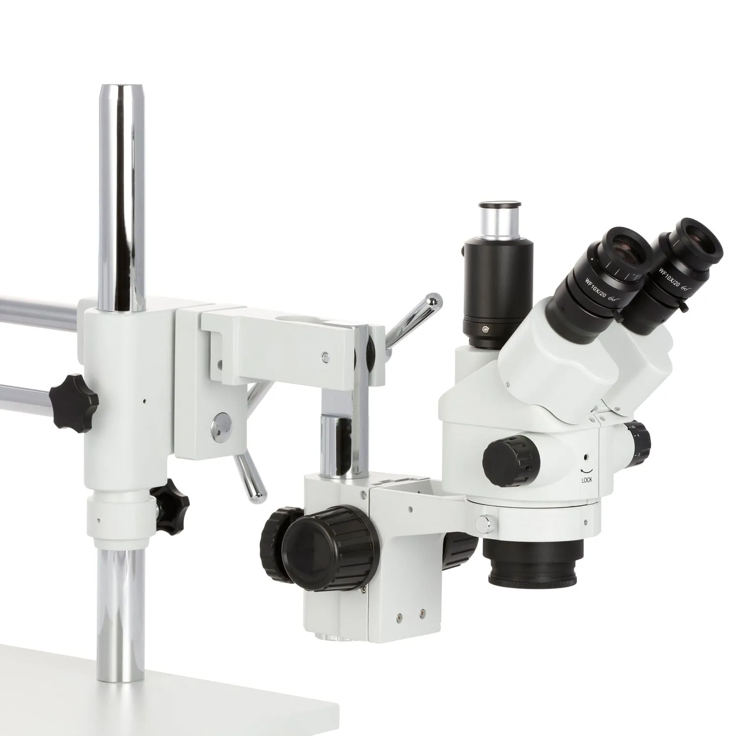 AmScope SM-4 Series Simul-Focal Lockable Zoom Trinocular Stereo Microscope with Heavy Duty 80 LED Ring Light and Optional Digital Camera on Double Arm Boom Stand