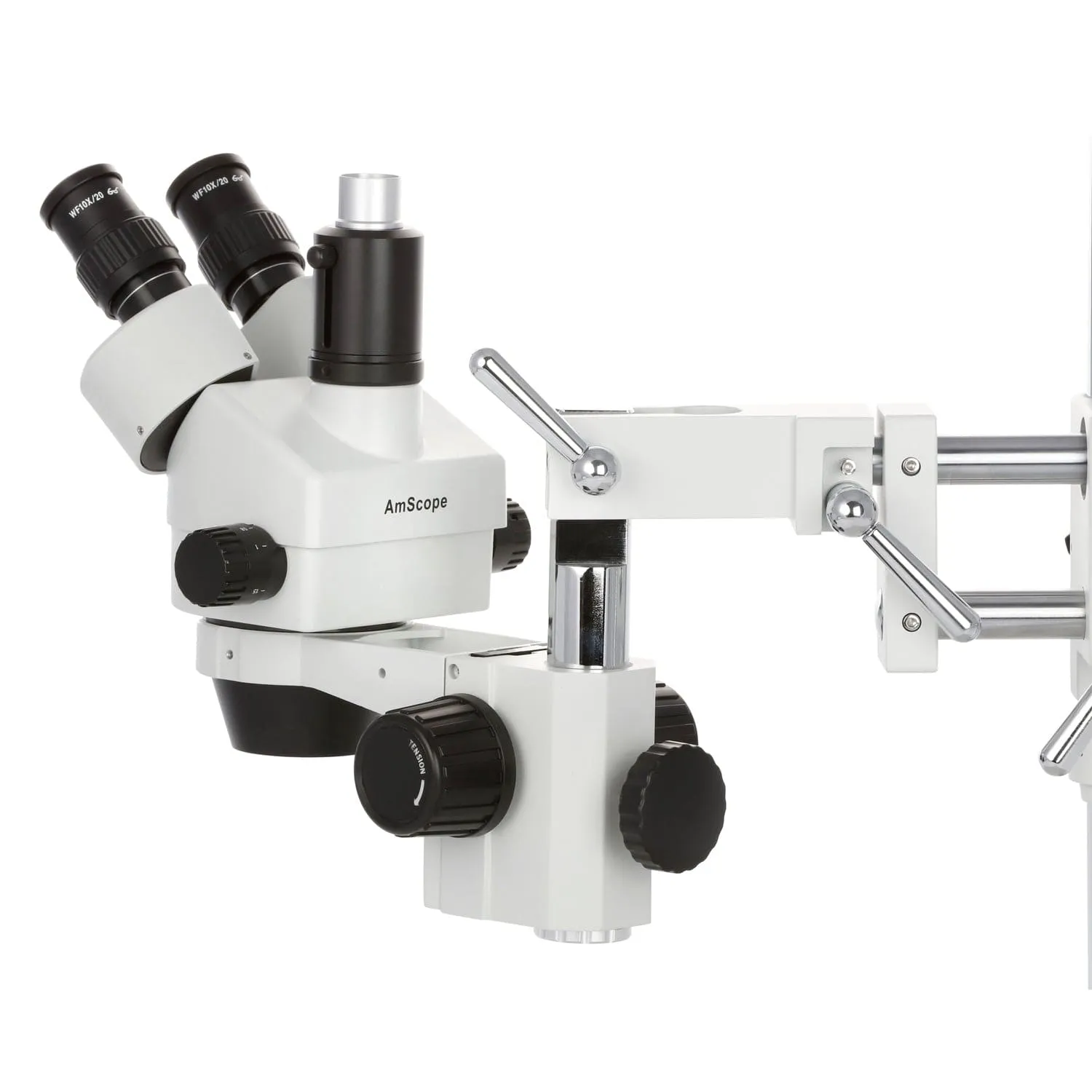 AmScope SM-4 Series Simul-Focal Zoom Trinocular Stereo Microscope with 144 LED Compact Ring Light and Optional Digital Camera on Double Arm Boom Stand