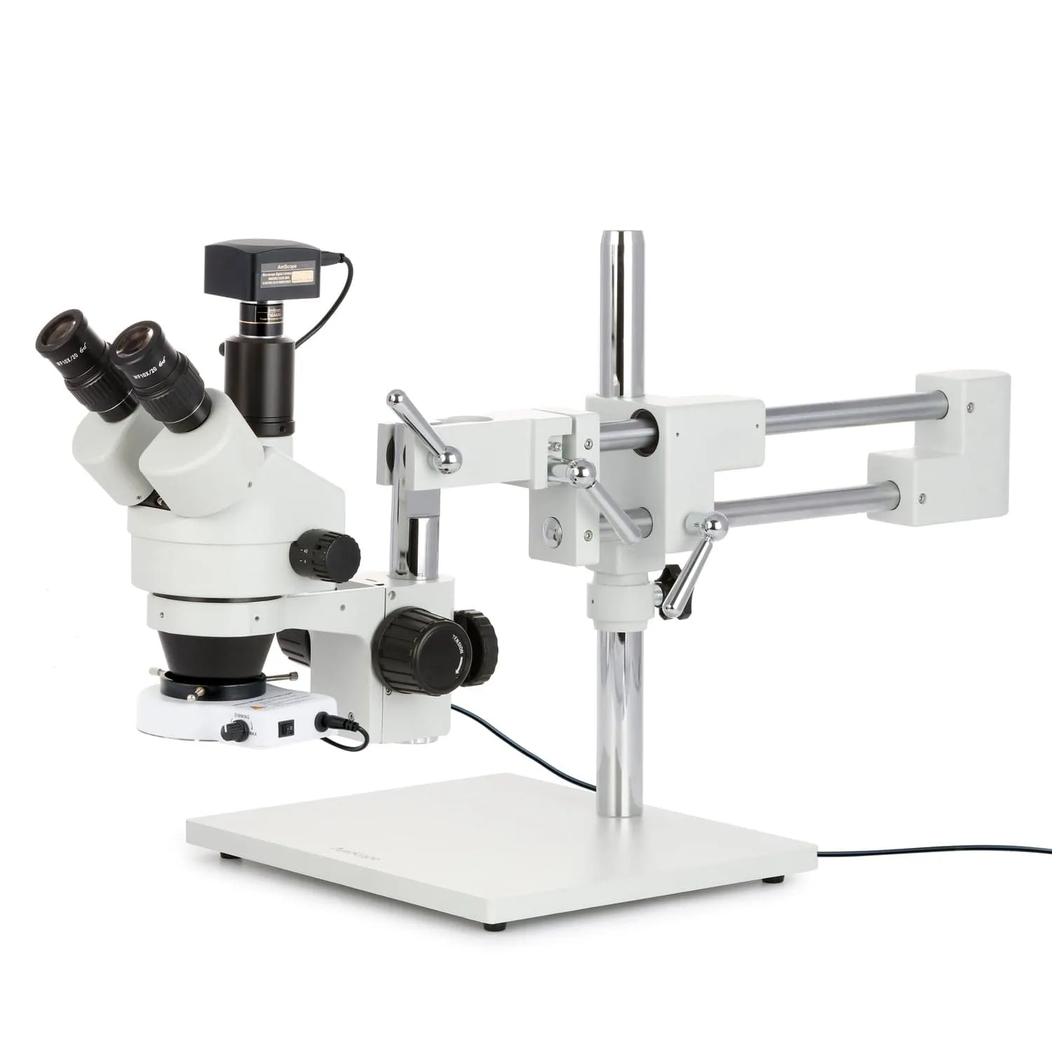 AmScope SM-4 Series Simul-Focal Zoom Trinocular Stereo Microscope with 80 LED Compact Ring Light and Optional Digital Camera on Double Arm Boom Stand