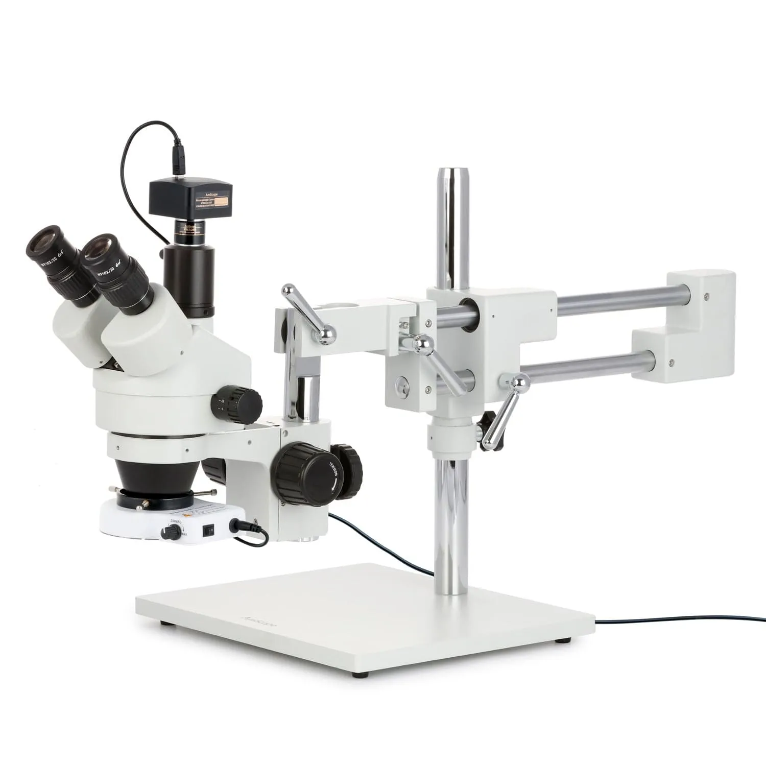 AmScope SM-4 Series Simul-Focal Zoom Trinocular Stereo Microscope with 80 LED Compact Ring Light and Optional Digital Camera on Double Arm Boom Stand