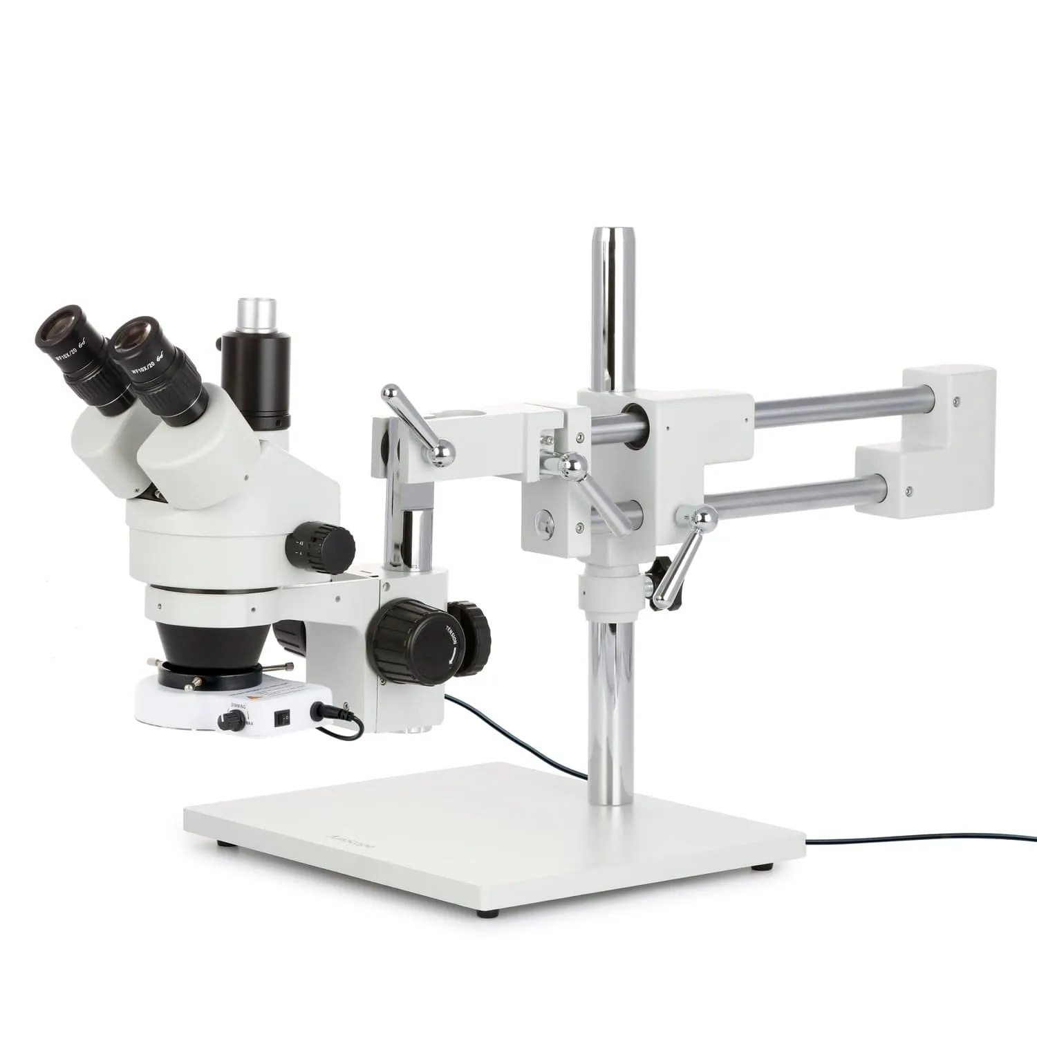 AmScope SM-4 Series Simul-Focal Zoom Trinocular Stereo Microscope with 80 LED Compact Ring Light and Optional Digital Camera on Double Arm Boom Stand