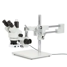 AmScope SM-4 Series Simul-Focal Zoom Trinocular Stereo Microscope with 80 LED Compact Ring Light and Optional Digital Camera on Double Arm Boom Stand