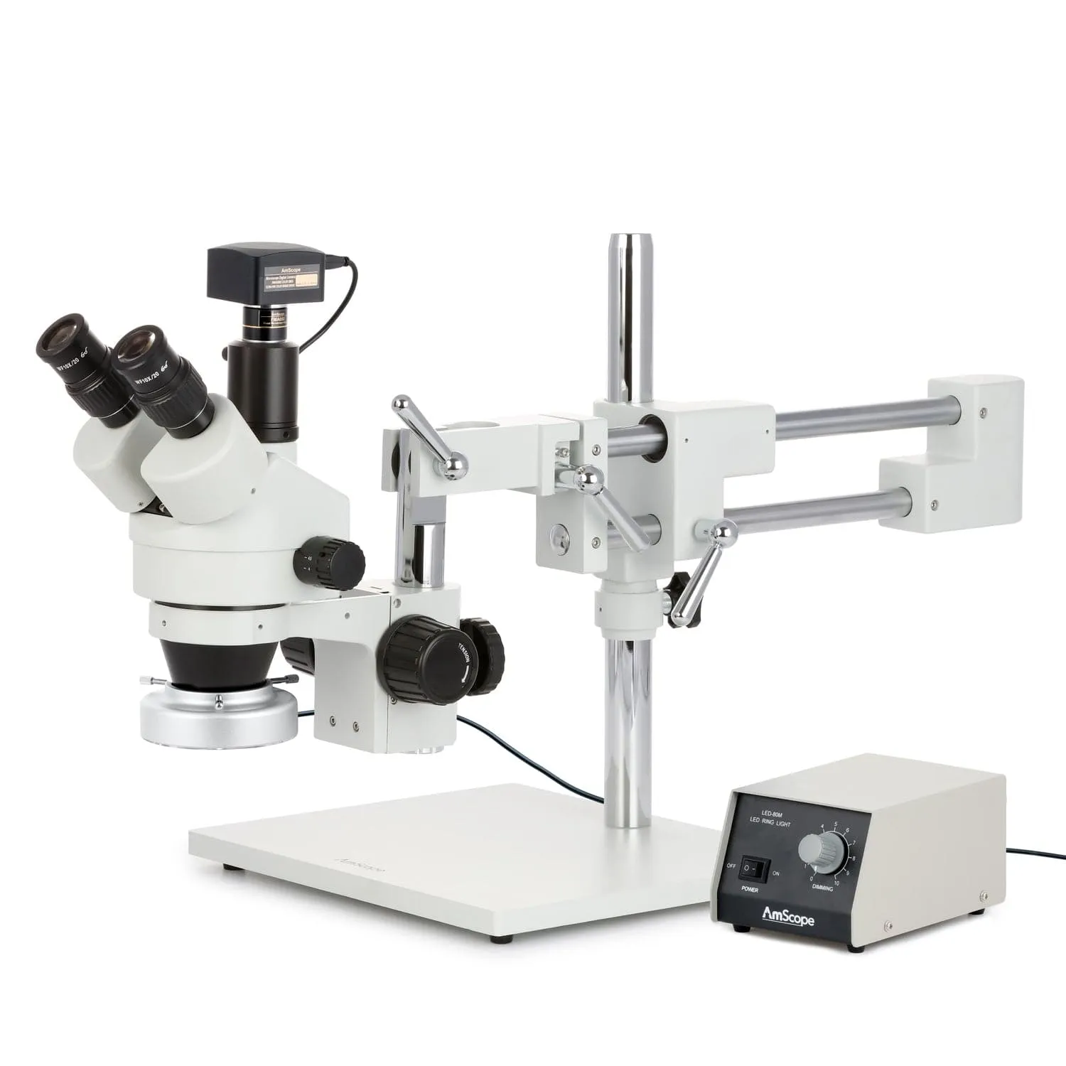 AmScope SM-4 Series Simul-Focal Zoom Trinocular Stereo Microscope with Heavy Duty 80 LED Ring Light and Optional Digital Camera on Double Arm Boom Stand