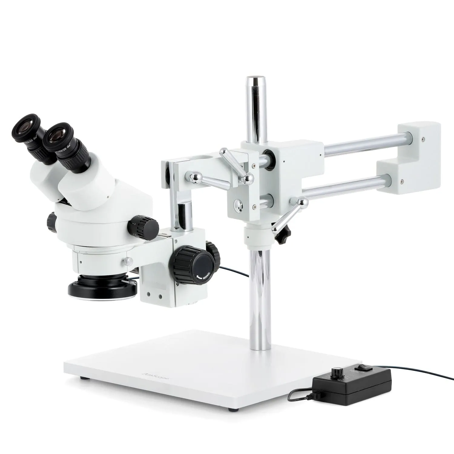 AmScope SM-4 Series Zoom Binocular Stereo Microscope with 144 LED Ring Light and Optional Digital Camera on Double Arm Boom Stand