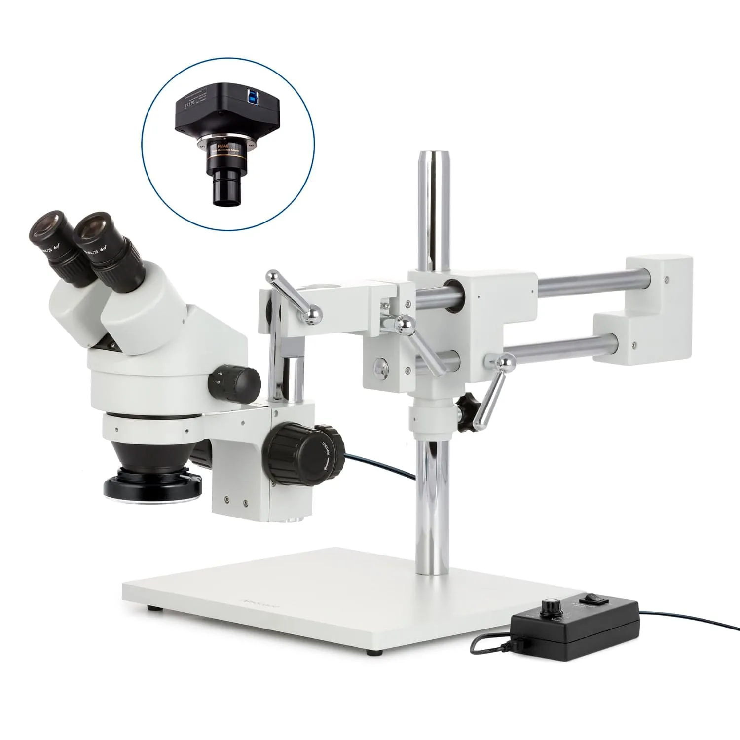 AmScope SM-4 Series Zoom Binocular Stereo Microscope with 144 LED Ring Light and Optional Digital Camera on Double Arm Boom Stand