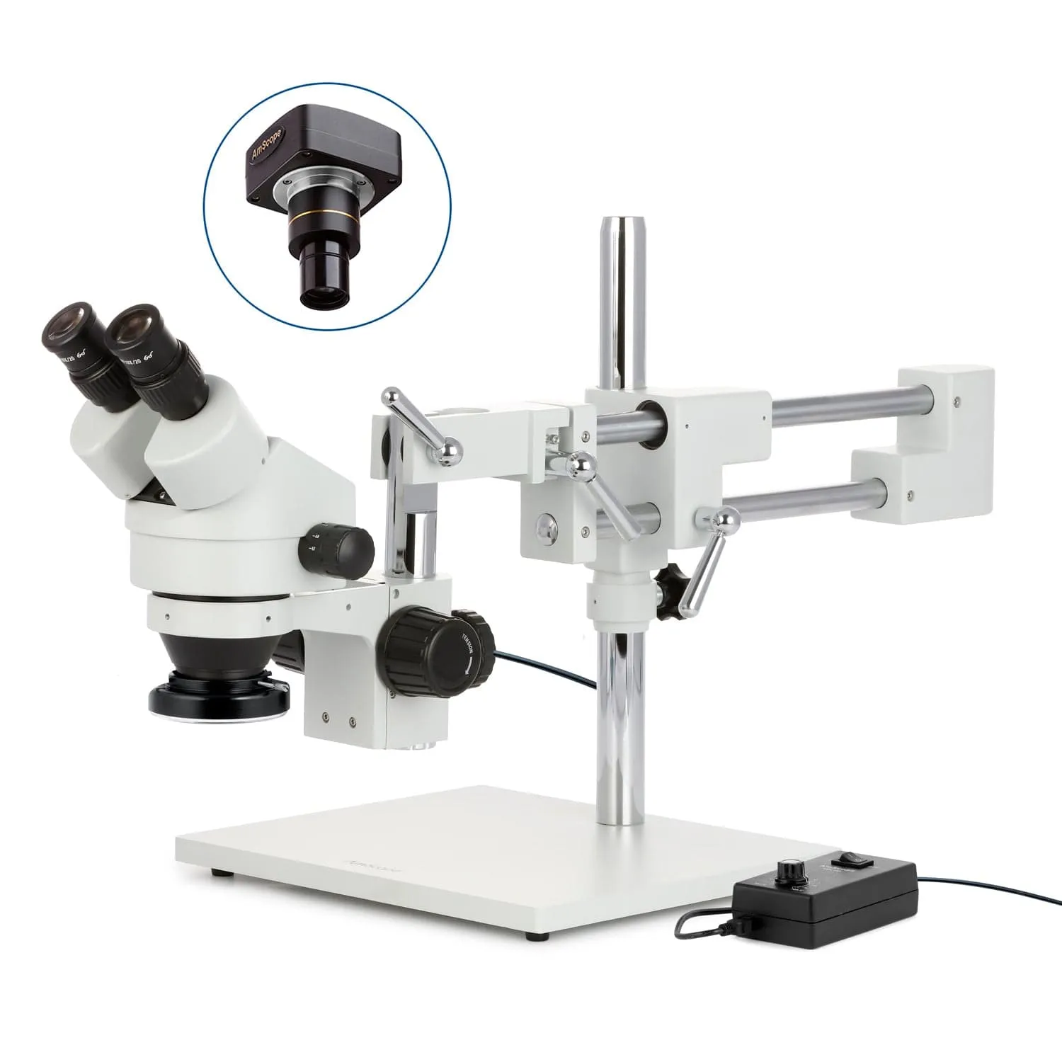 AmScope SM-4 Series Zoom Binocular Stereo Microscope with 144 LED Ring Light and Optional Digital Camera on Double Arm Boom Stand