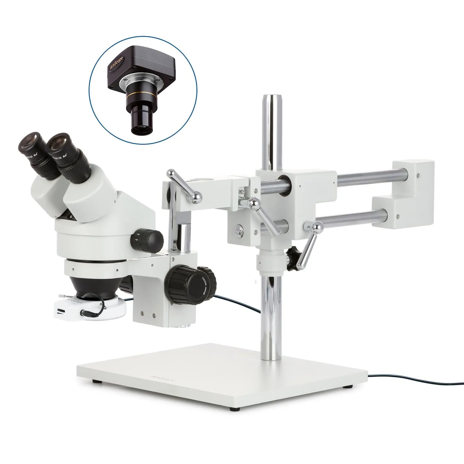 AmScope SM-4 Series Zoom Binocular Stereo Microscope with 56 LED Compact Ring Light and Optional Digital Camera on Double Arm Boom Stand
