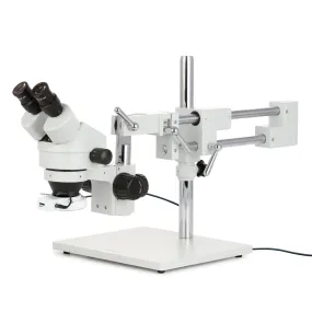 AmScope SM-4 Series Zoom Binocular Stereo Microscope with 56 LED Compact Ring Light and Optional Digital Camera on Double Arm Boom Stand