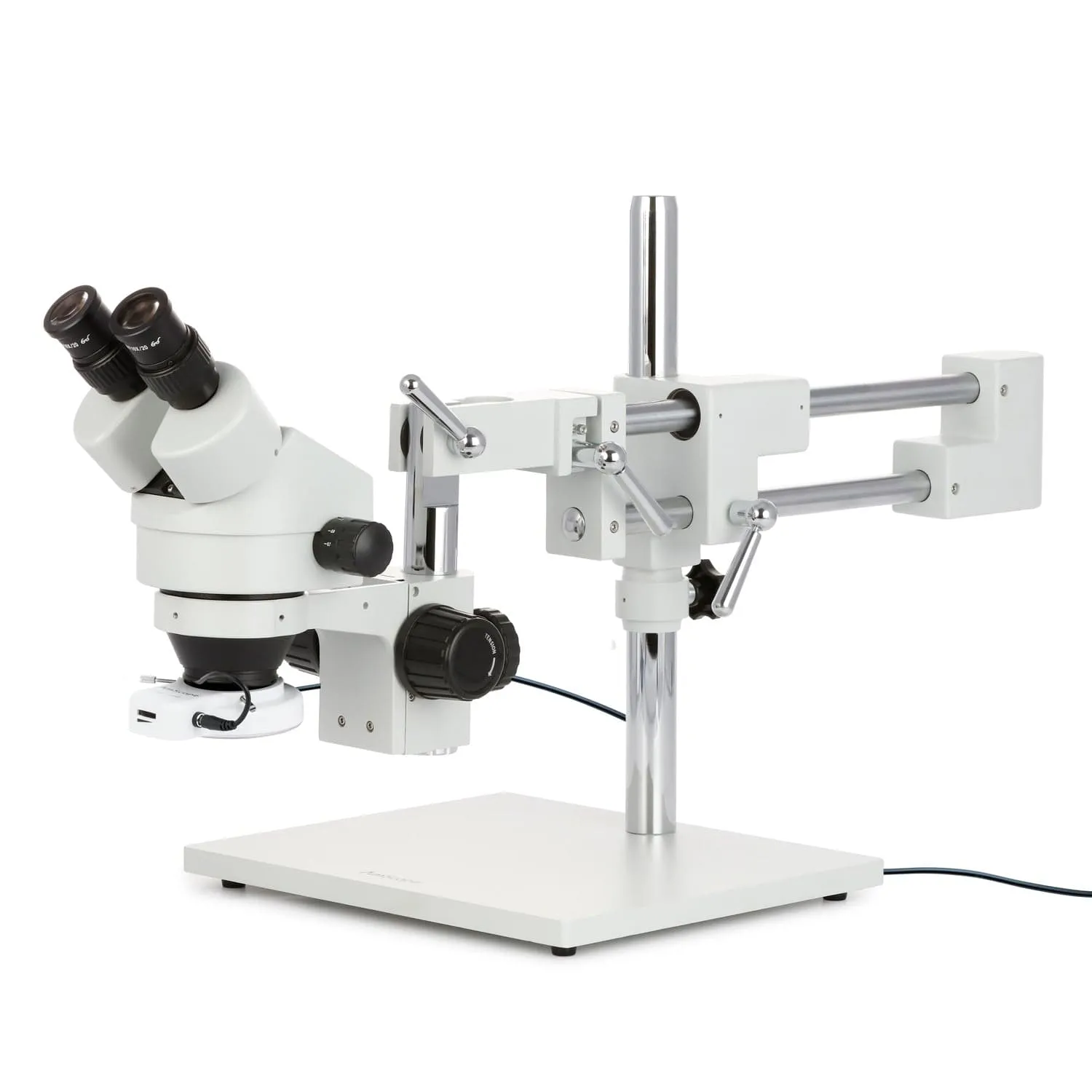 AmScope SM-4 Series Zoom Binocular Stereo Microscope with 56 LED Compact Ring Light and Optional Digital Camera on Double Arm Boom Stand