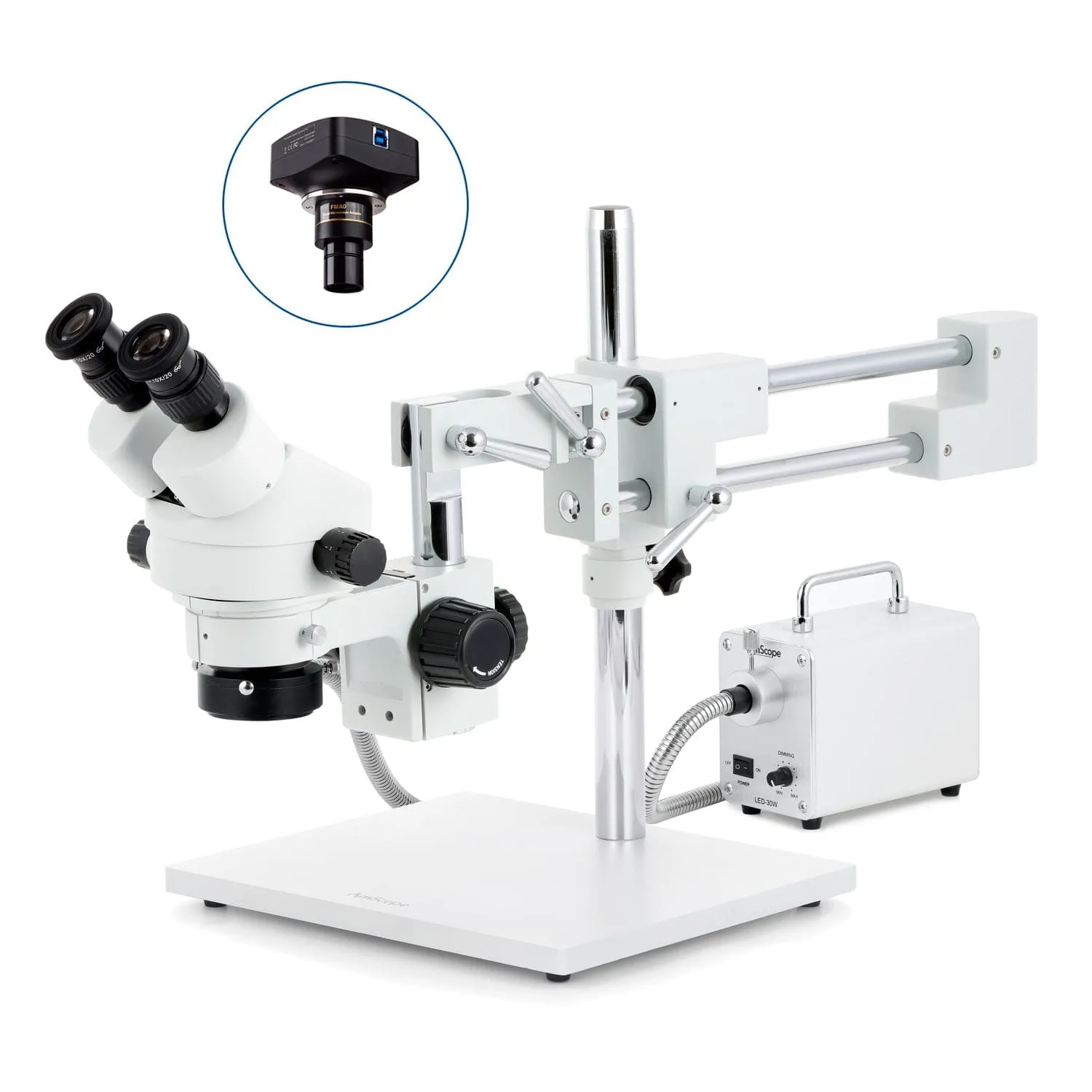 AmScope SM-4 Series Zoom Binocular Stereo Microscope with 56 LED Compact Ring Light and Optional Digital Camera on Double Arm Boom Stand