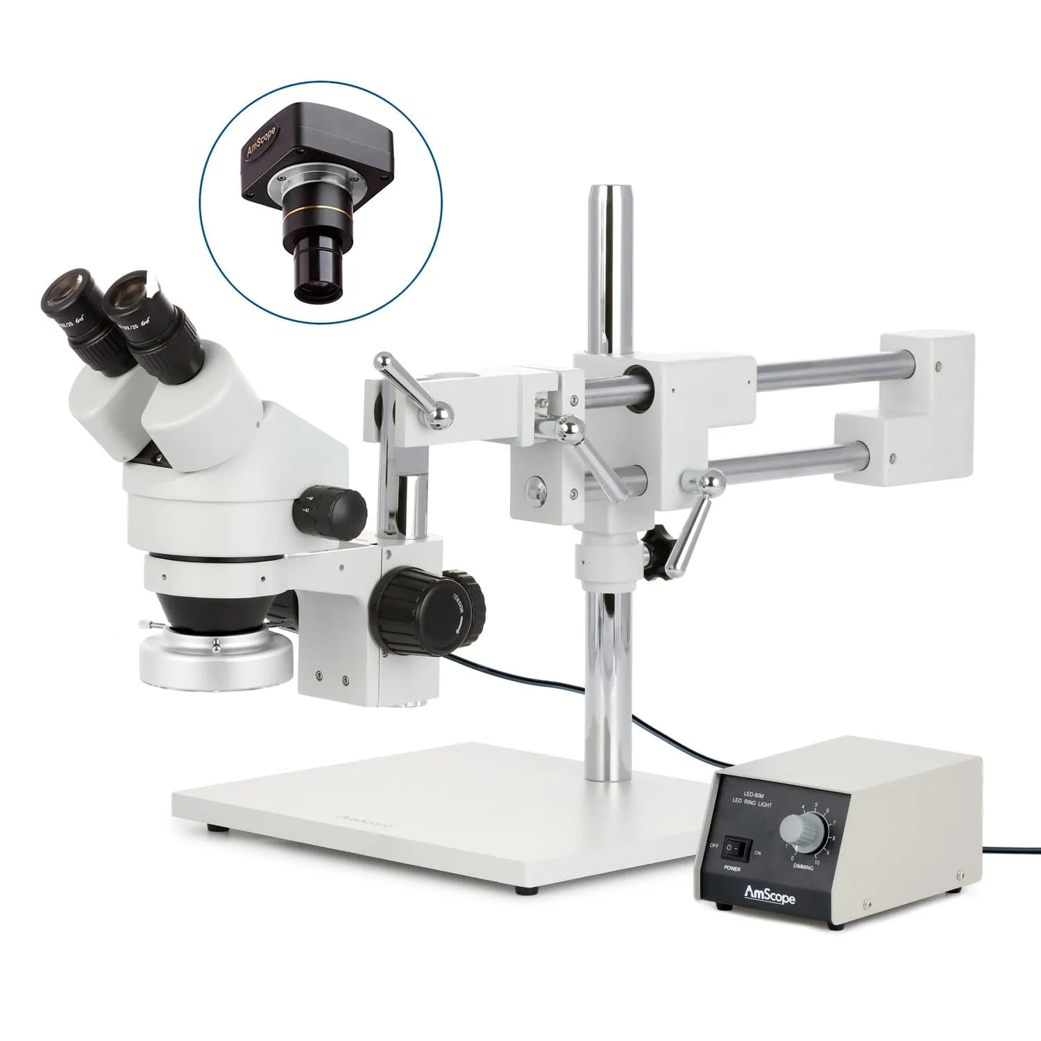 AmScope SM-4 Series Zoom Binocular Stereo Microscope with Heavy Duty 80 LED Ring Light and Optional Digital Camera on Double Arm Boom Stand