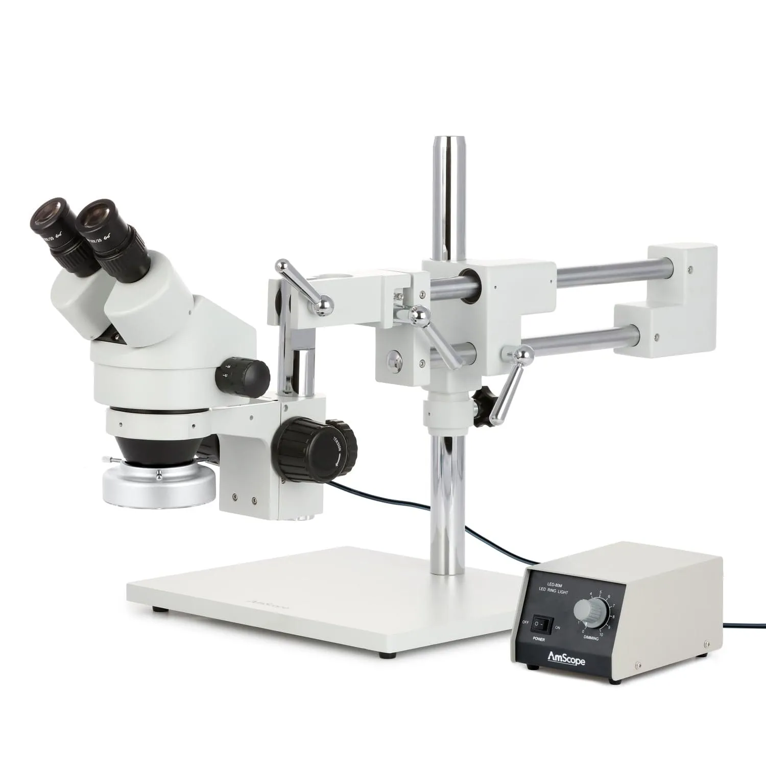 AmScope SM-4 Series Zoom Binocular Stereo Microscope with Heavy Duty 80 LED Ring Light and Optional Digital Camera on Double Arm Boom Stand