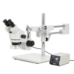 AmScope SM-4 Series Zoom Binocular Stereo Microscope with Heavy Duty 80 LED Ring Light and Optional Digital Camera on Double Arm Boom Stand