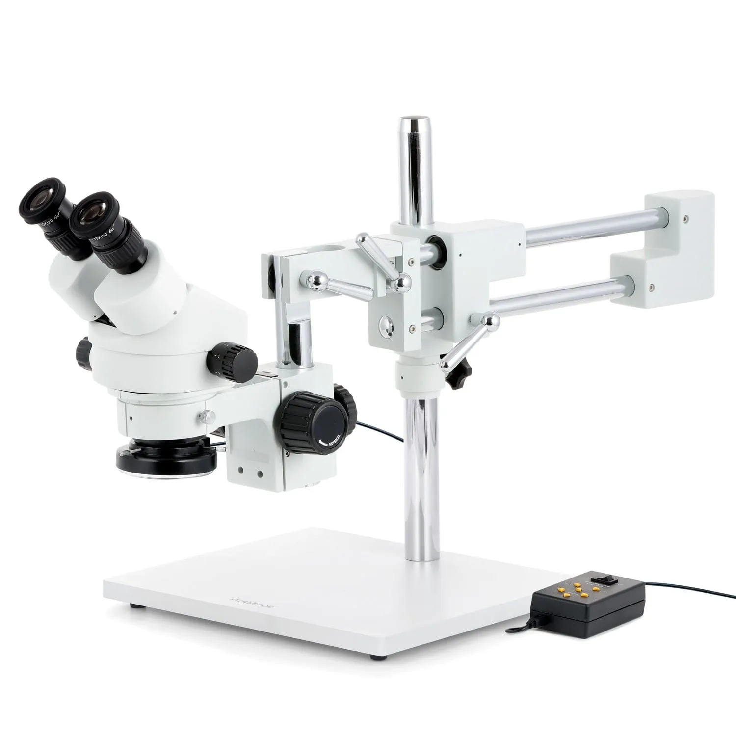 AmScope SM-4 Series Zoom Binocular Stereo Microscope with Multi-Zone 144 LED and Optional Digital Camera on Double Arm Boom Stand