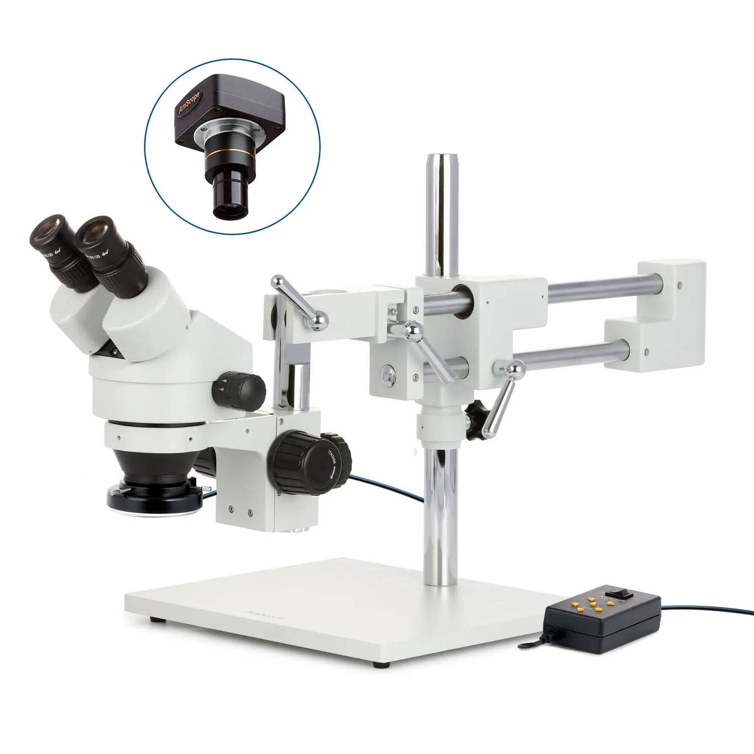 AmScope SM-4 Series Zoom Binocular Stereo Microscope with Multi-Zone 144 LED and Optional Digital Camera on Double Arm Boom Stand