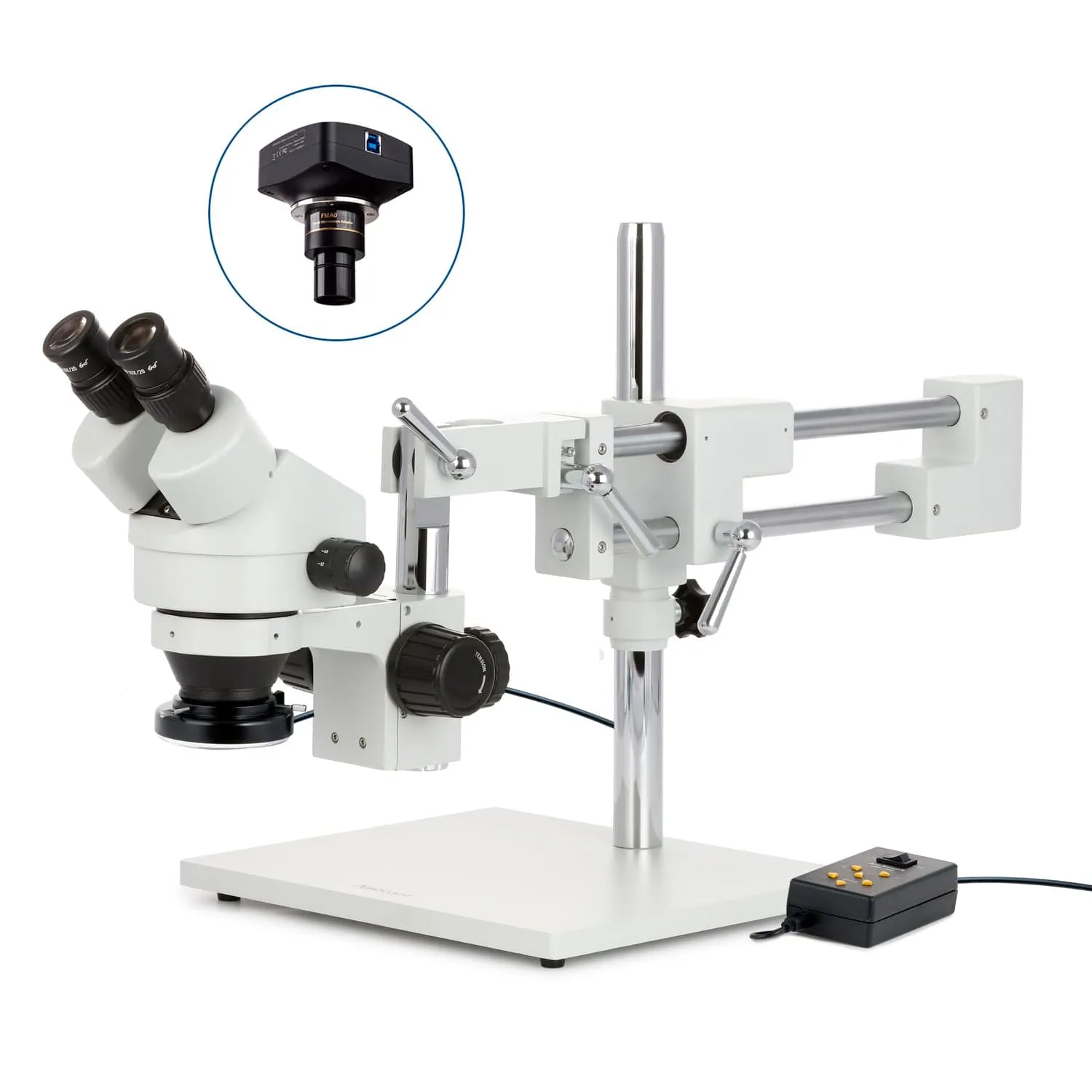 AmScope SM-4 Series Zoom Binocular Stereo Microscope with Multi-Zone 144 LED and Optional Digital Camera on Double Arm Boom Stand