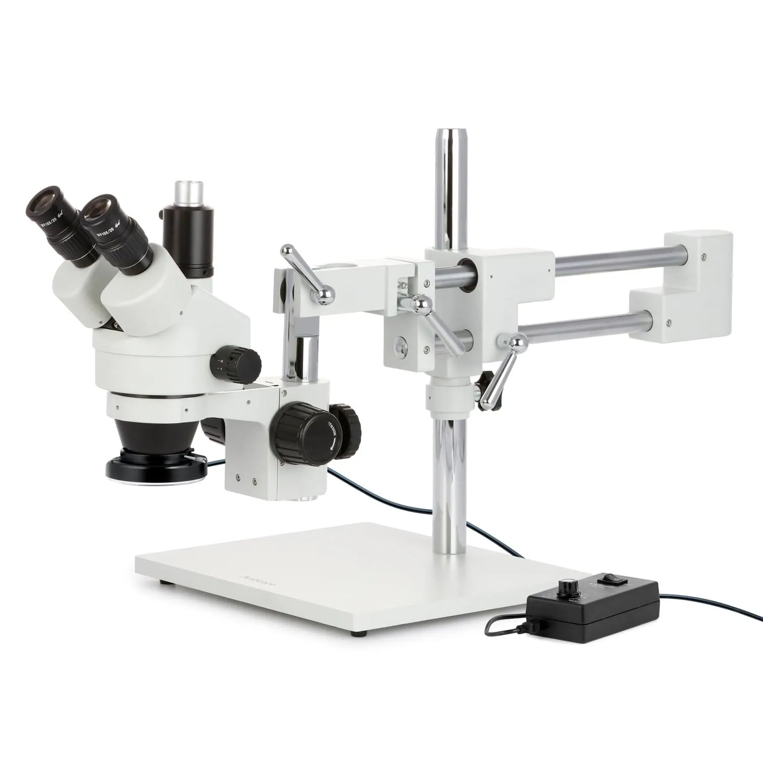AmScope SM-4 Series Zoom Trinocular Stereo Microscope with 144 LED Ring Light and Optional Digital Camera on Double Arm Boom Stand