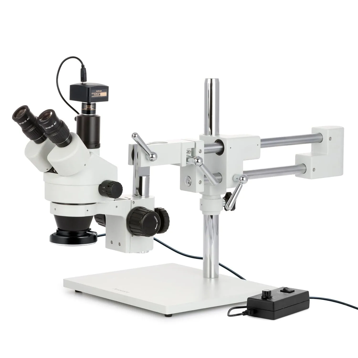 AmScope SM-4 Series Zoom Trinocular Stereo Microscope with 144 LED Ring Light and Optional Digital Camera on Double Arm Boom Stand