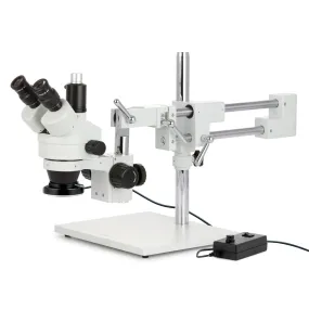 AmScope SM-4 Series Zoom Trinocular Stereo Microscope with 144 LED Ring Light and Optional Digital Camera on Double Arm Boom Stand
