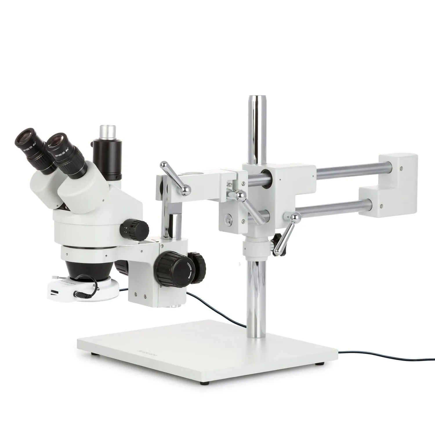 AmScope SM-4 Series Zoom Trinocular Stereo Microscope with 64 LED Compact Ring Light and Optional Digital Camera on Double Arm Boom Stand