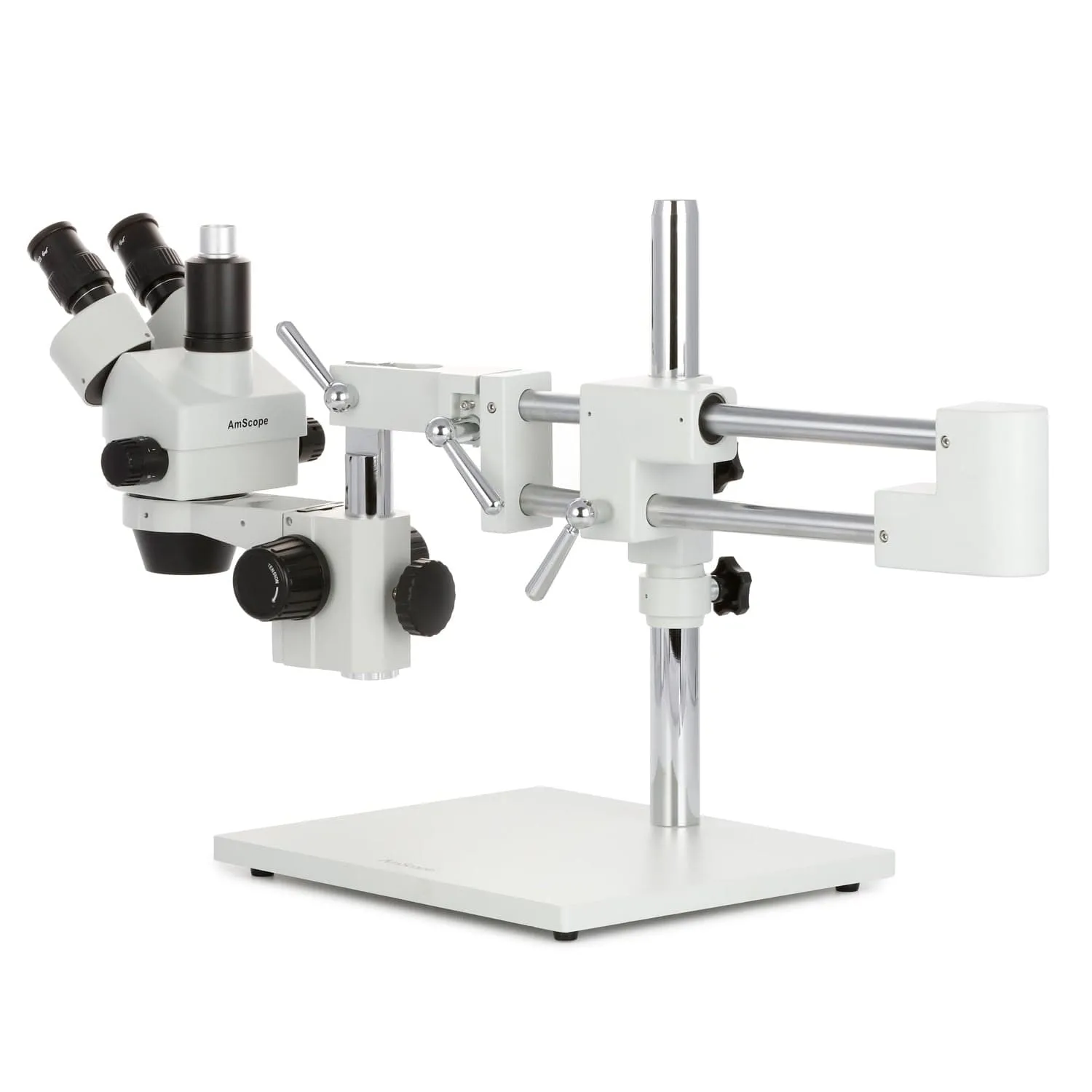 AmScope SM-4 Series Zoom Trinocular Stereo Microscope with 64 LED Compact Ring Light and Optional Digital Camera on Double Arm Boom Stand