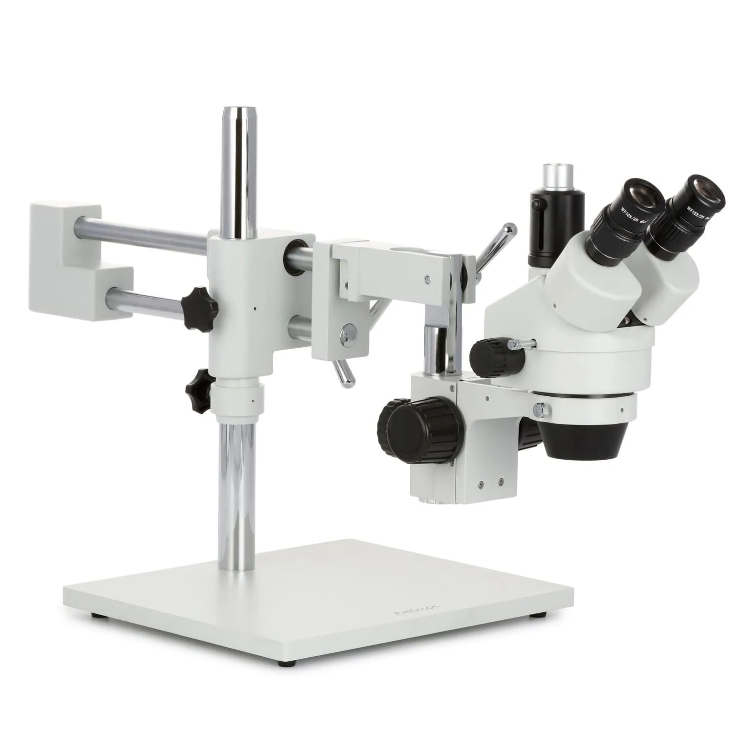 AmScope SM-4 Series Zoom Trinocular Stereo Microscope with 64 LED Compact Ring Light and Optional Digital Camera on Double Arm Boom Stand