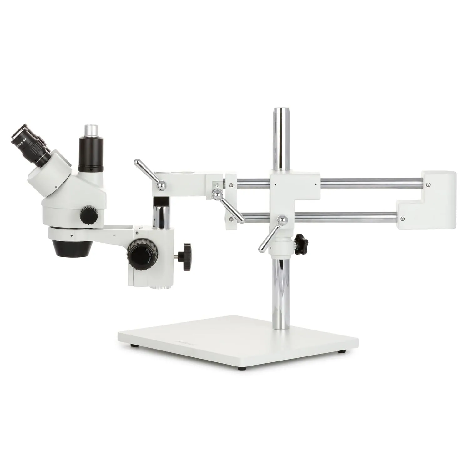 AmScope SM-4 Series Zoom Trinocular Stereo Microscope with 64 LED Compact Ring Light and Optional Digital Camera on Double Arm Boom Stand