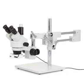 AmScope SM-4 Series Zoom Trinocular Stereo Microscope with 64 LED Compact Ring Light and Optional Digital Camera on Double Arm Boom Stand