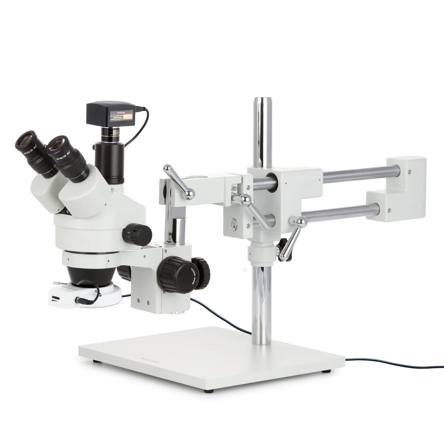 AmScope SM-4 Series Zoom Trinocular Stereo Microscope with 64 LED Compact Ring Light and Optional Digital Camera on Double Arm Boom Stand