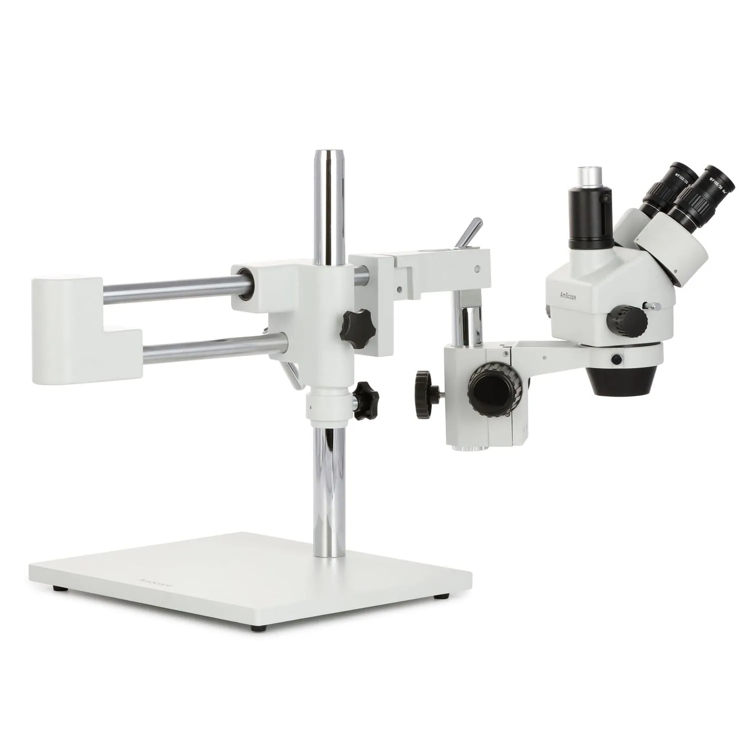 AmScope SM-4 Series Zoom Trinocular Stereo Microscope with 64 LED Compact Ring Light and Optional Digital Camera on Double Arm Boom Stand