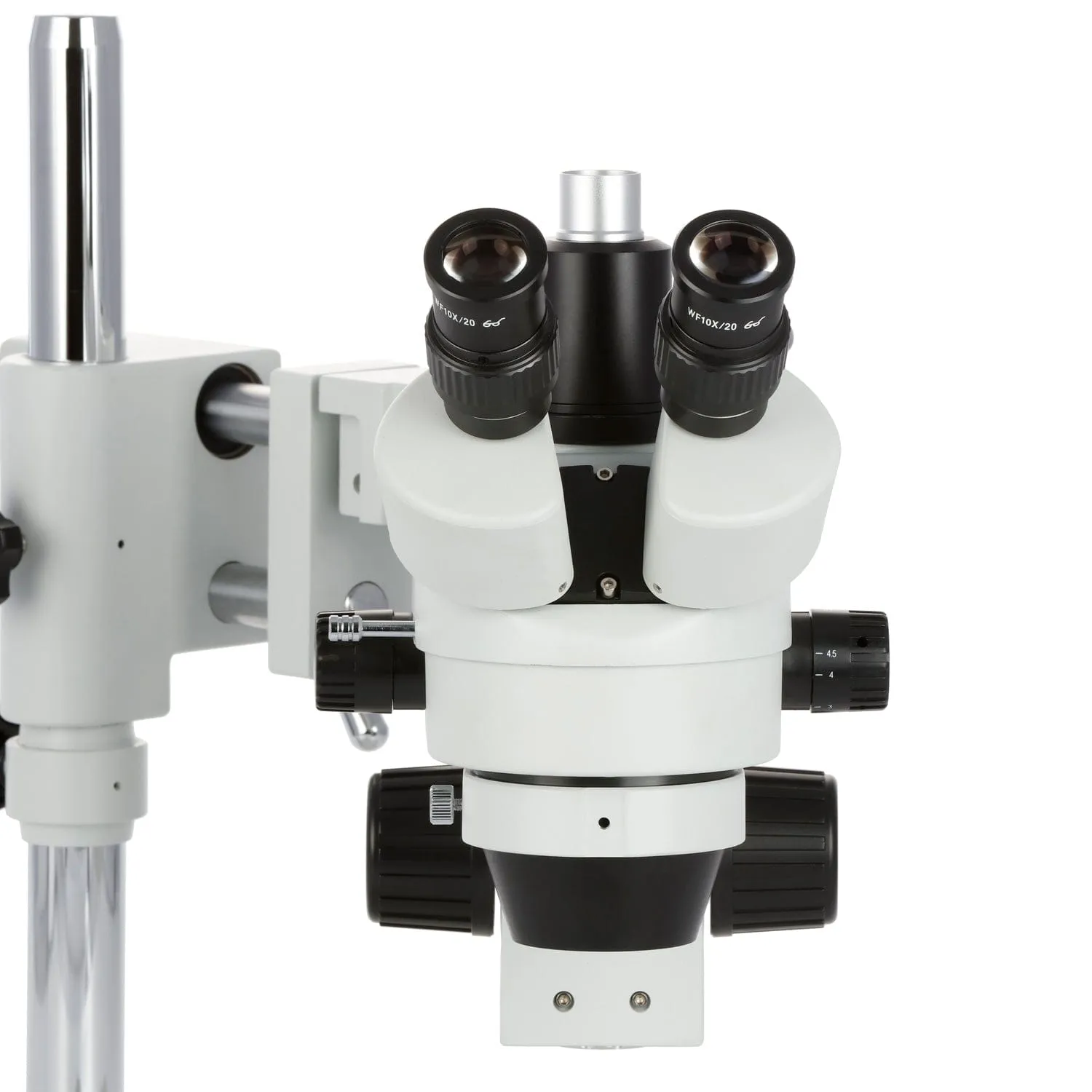 AmScope SM-4 Series Zoom Trinocular Stereo Microscope with 64 LED Compact Ring Light and Optional Digital Camera on Double Arm Boom Stand