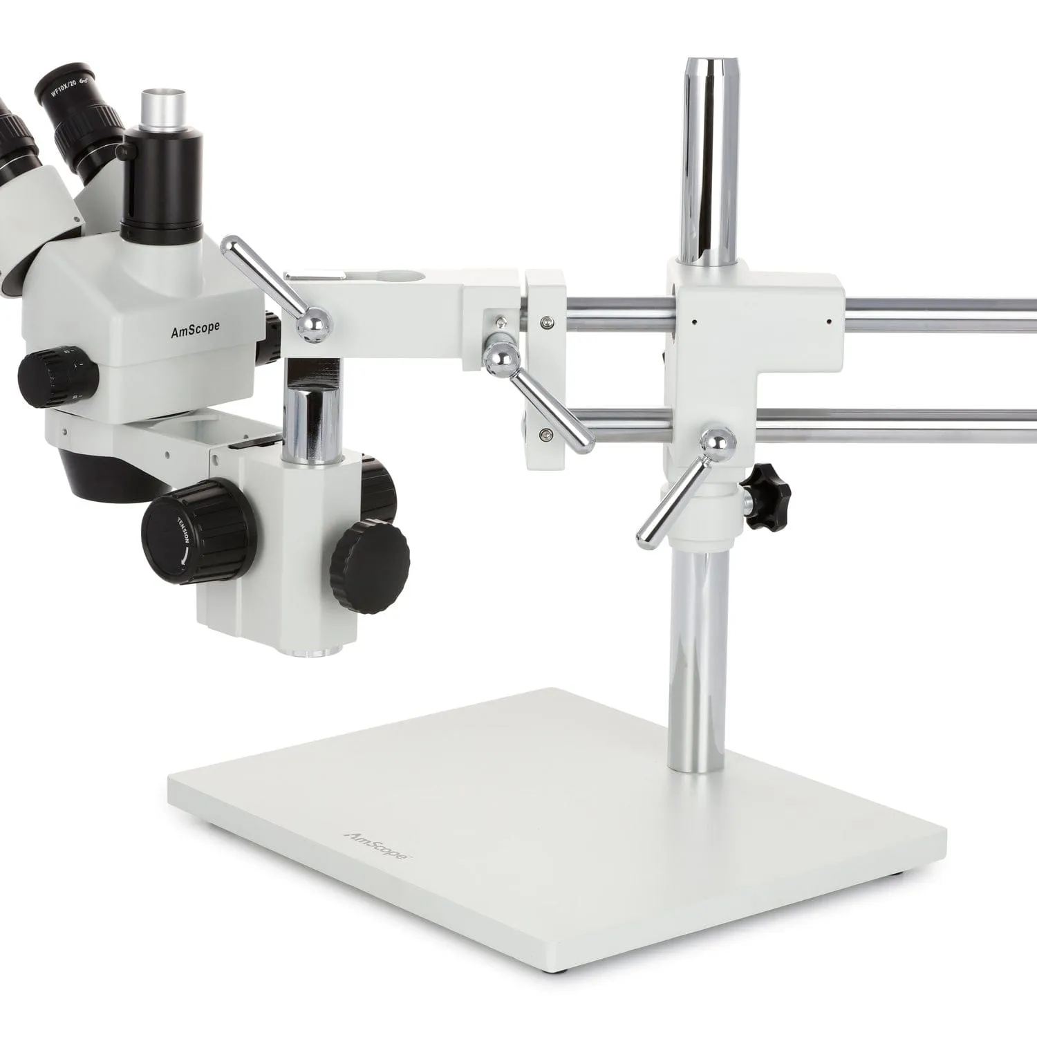 AmScope SM-4 Series Zoom Trinocular Stereo Microscope with 64 LED Compact Ring Light and Optional Digital Camera on Double Arm Boom Stand