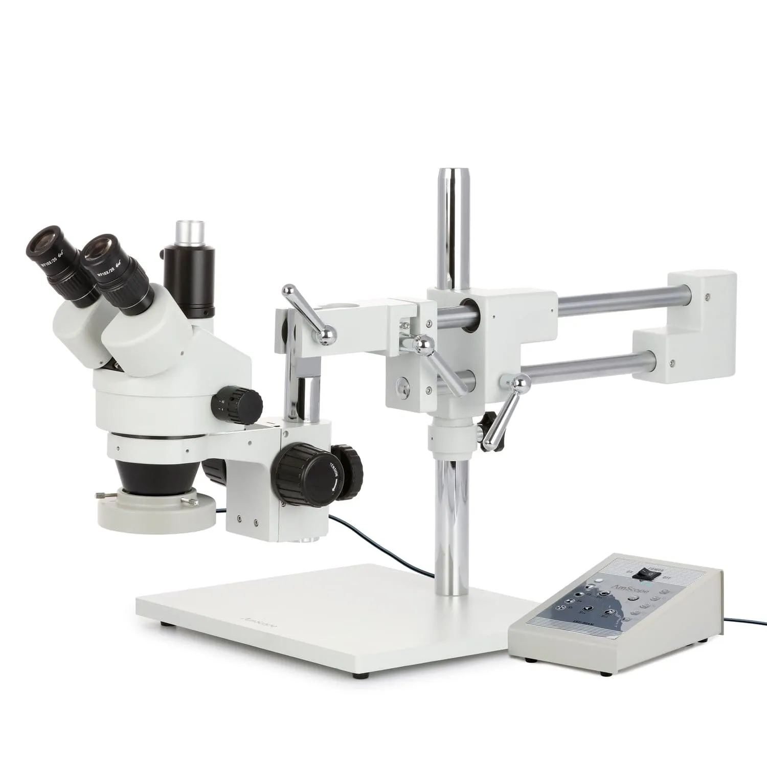 AmScope SM-4 Series Zoom Trinocular Stereo Microscope with 80 LED Direction Variable Ring Light and Optional Digital Camera on Double Arm Boom Stand