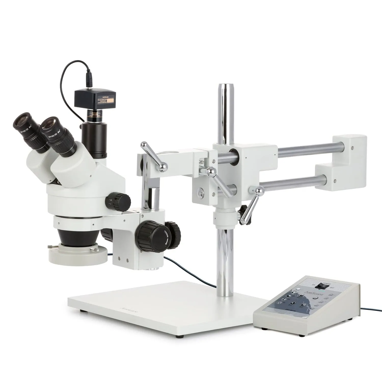 AmScope SM-4 Series Zoom Trinocular Stereo Microscope with 80 LED Direction Variable Ring Light and Optional Digital Camera on Double Arm Boom Stand