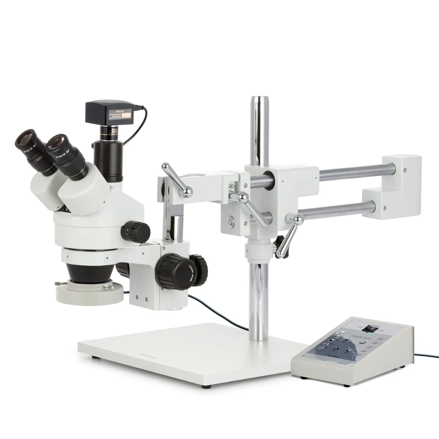 AmScope SM-4 Series Zoom Trinocular Stereo Microscope with 80 LED Direction Variable Ring Light and Optional Digital Camera on Double Arm Boom Stand