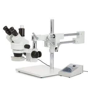 AmScope SM-4 Series Zoom Trinocular Stereo Microscope with 80 LED Direction Variable Ring Light and Optional Digital Camera on Double Arm Boom Stand