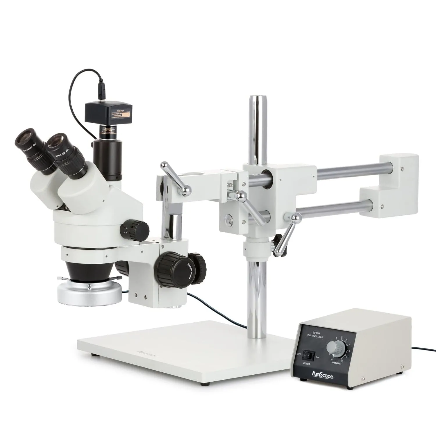 AmScope SM-4 Series Zoom Trinocular Stereo Microscope with Heavy Duty 80 LED Ring Light and Optional Digital Camera on Double Arm Boom Stand